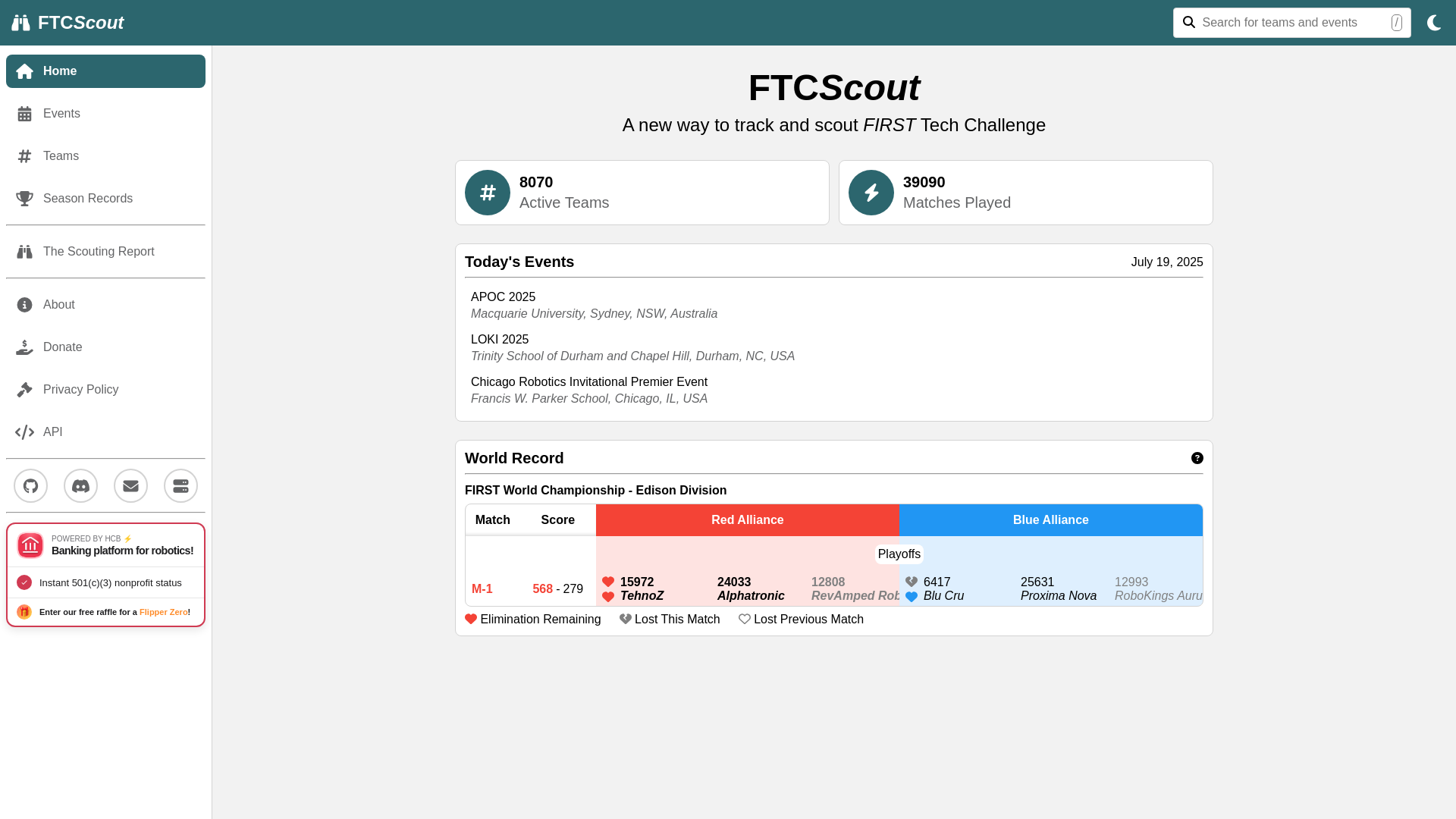 website screenshot of https://ftcscout.org/