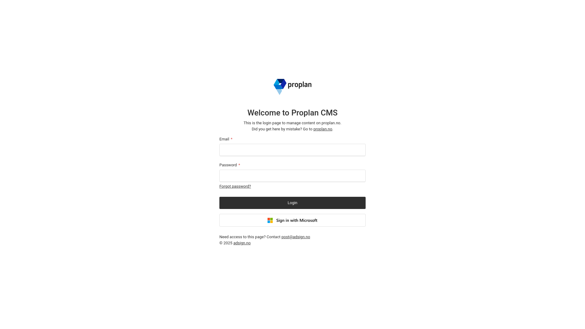 website screenshot of https://cms.proplan.no/