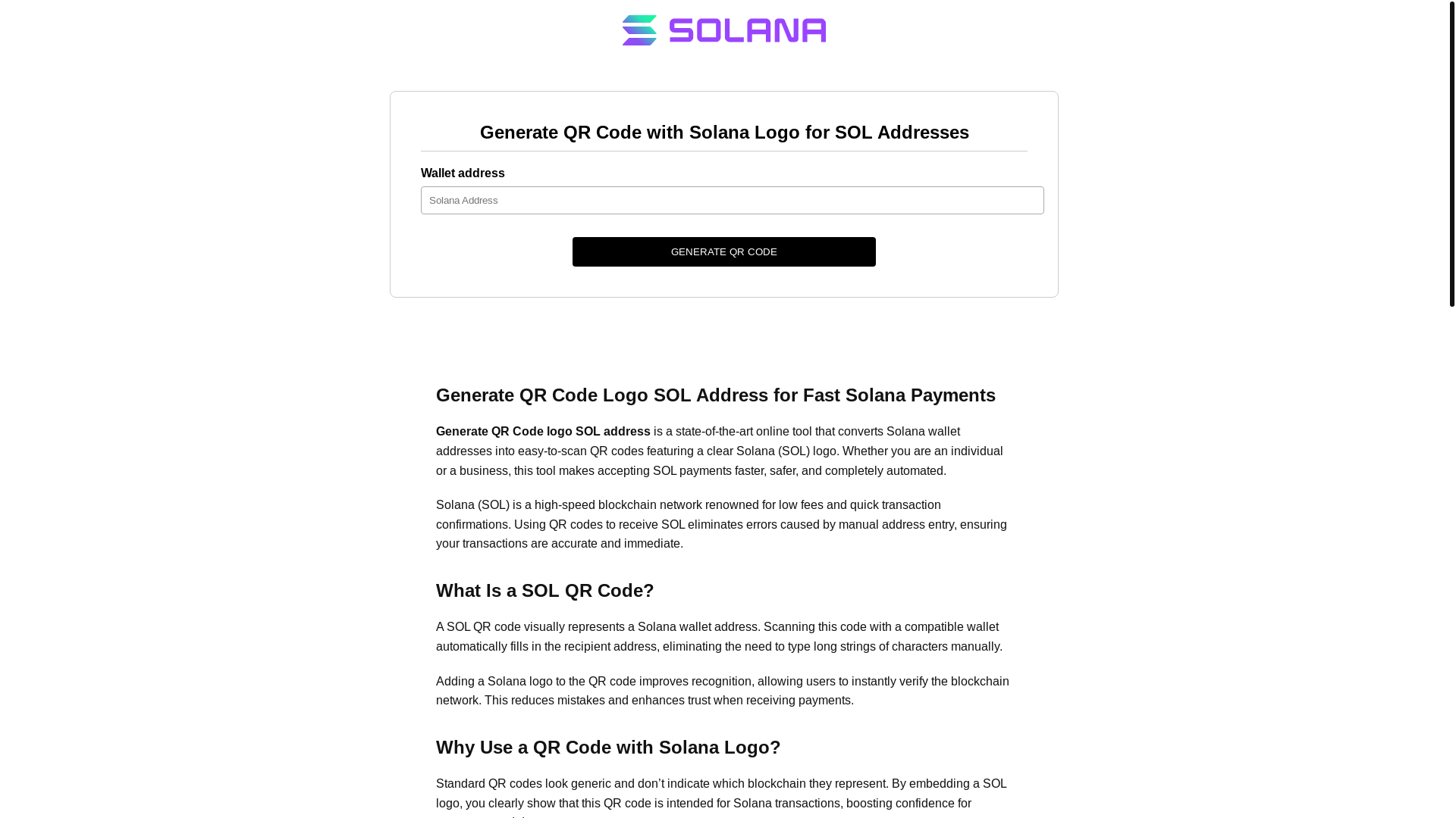 website screenshot of https://generate-solana-address-qr-code.com/