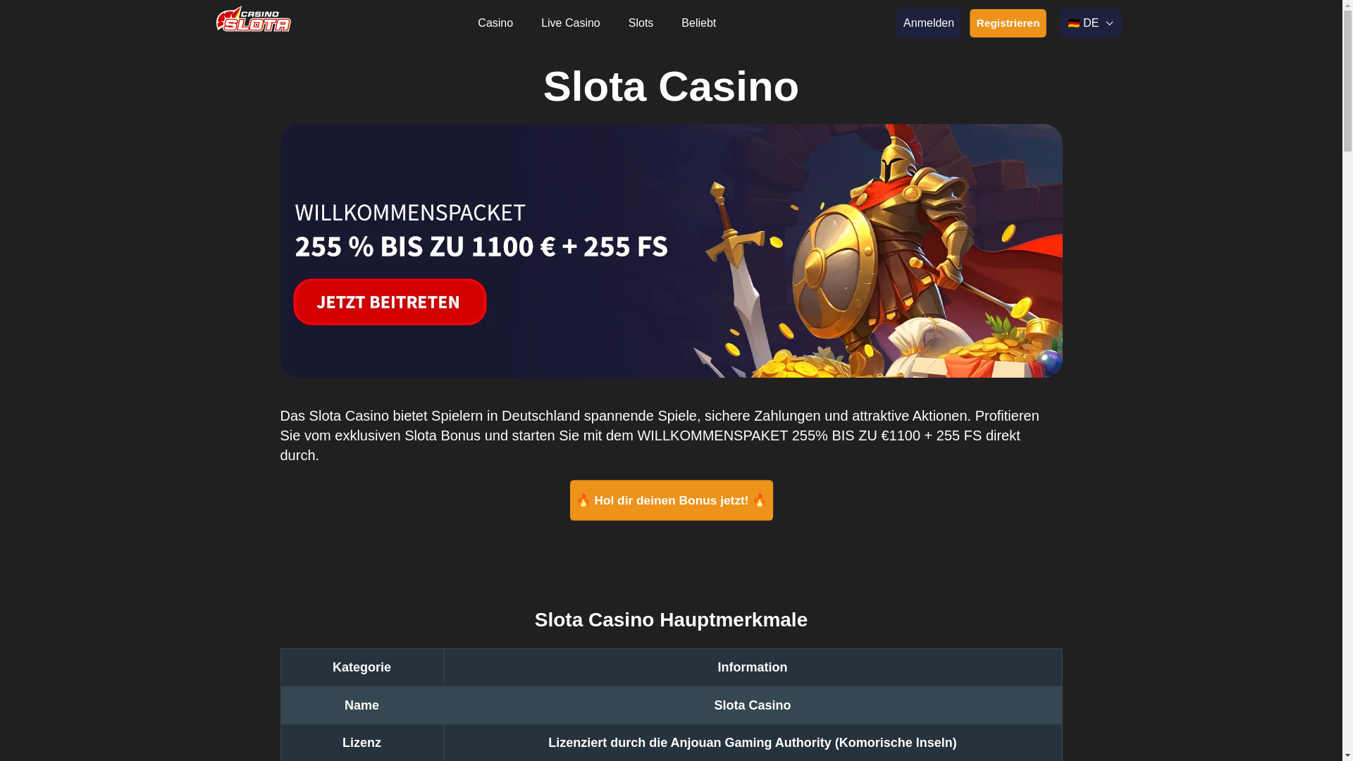 website screenshot of https://slotacasinos.de/
