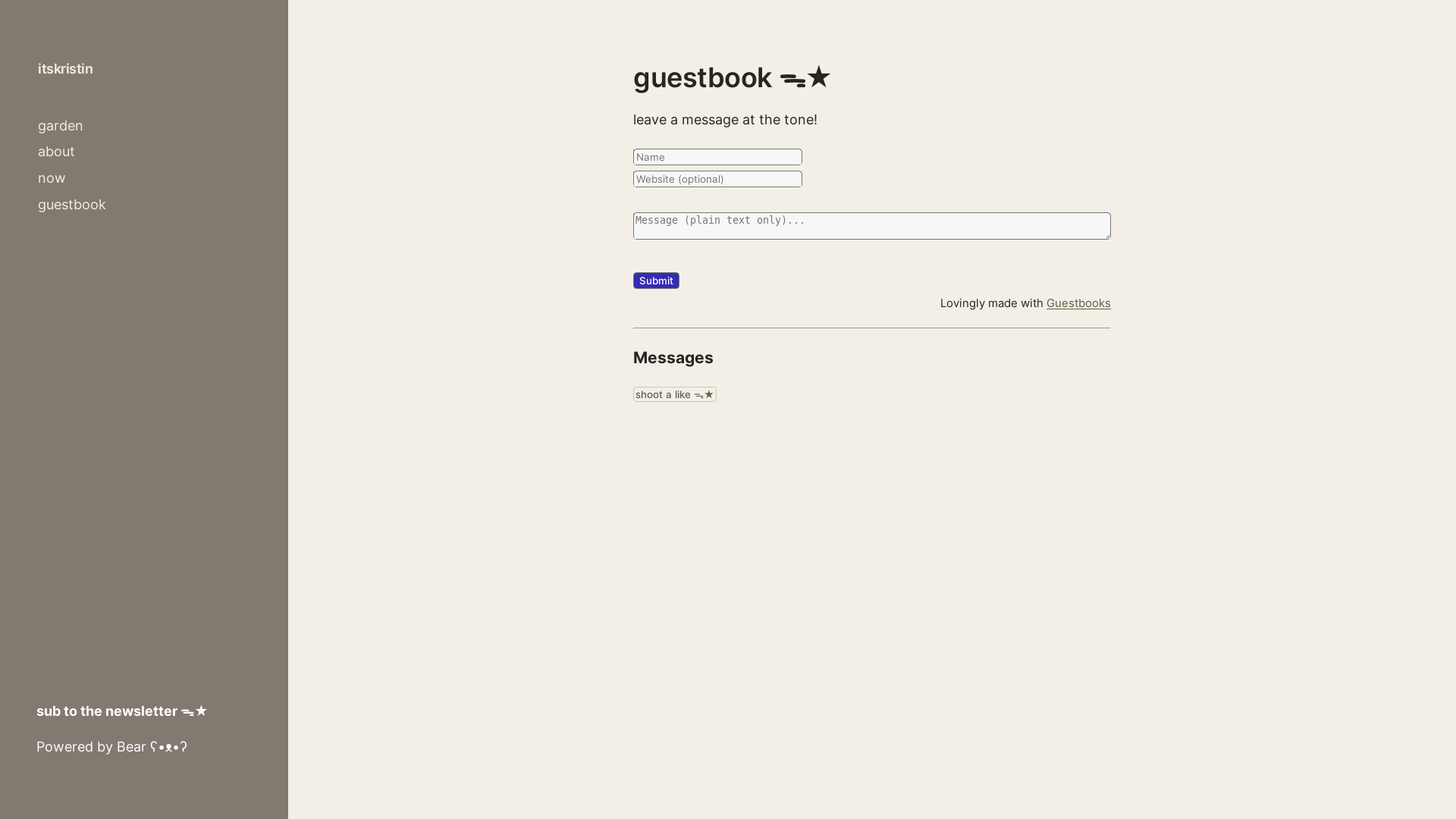 website screenshot of https://itskristin.bearblog.dev/guestbook/
