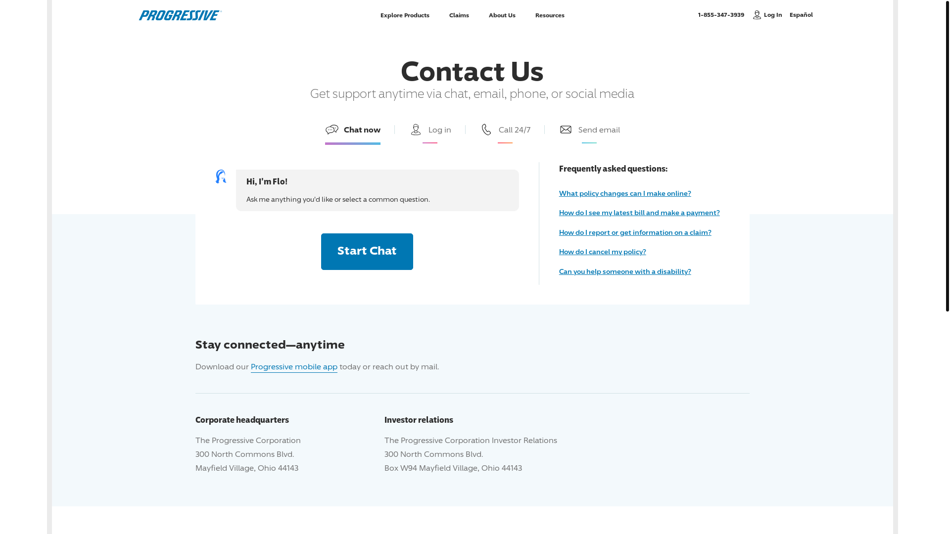 website screenshot of https://www.progressive.com/contact-us/