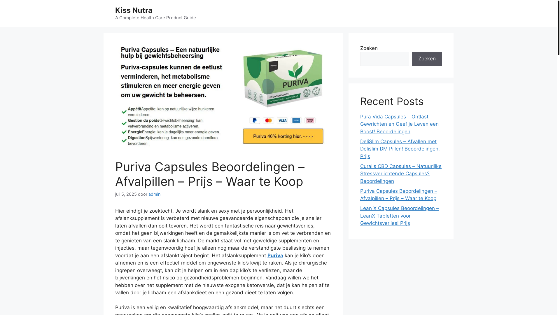 website screenshot of https://www.kissnutra.com/nl/puriva-capsules-beoordelingen/