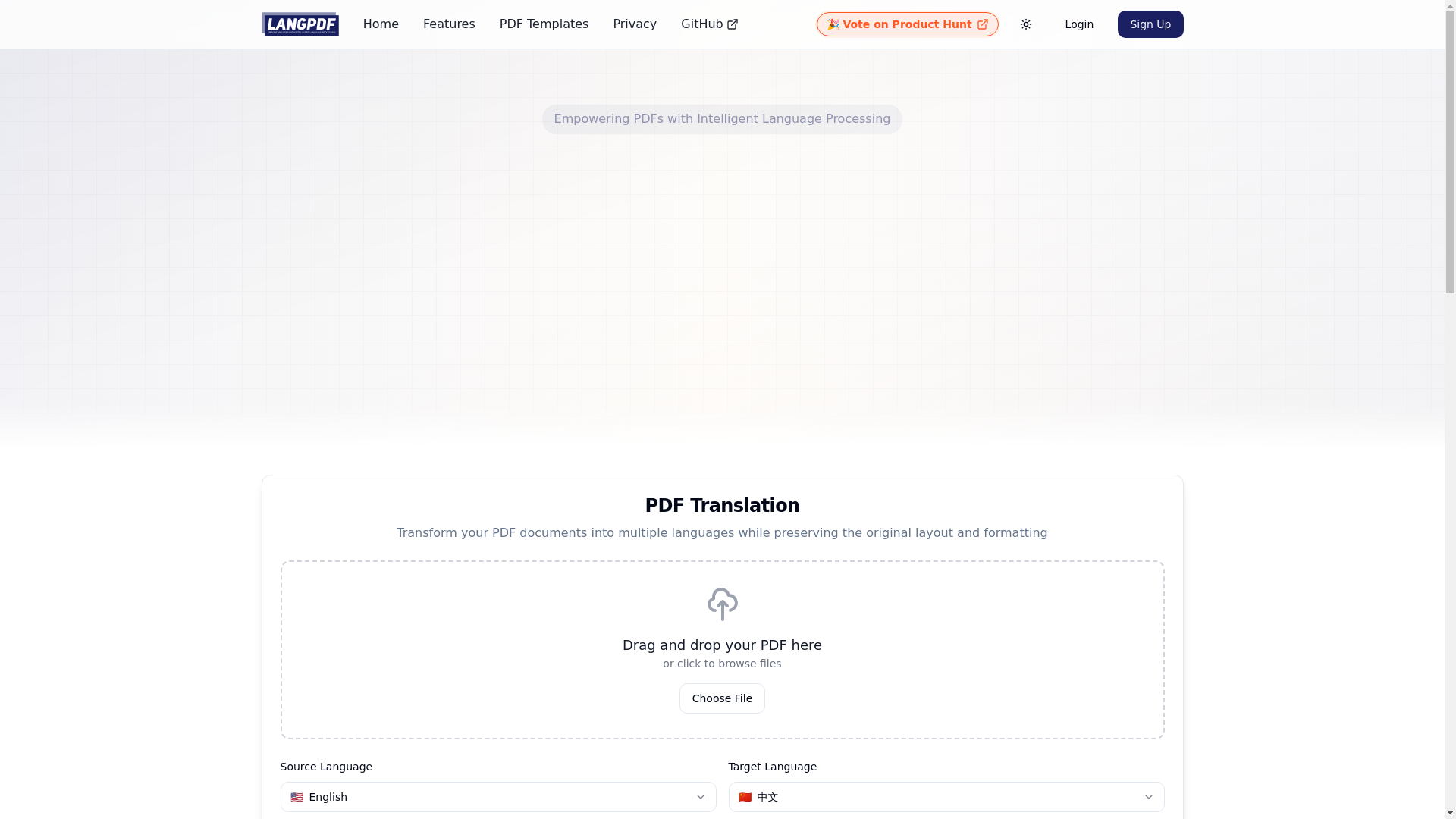 website screenshot of https://langpdf-fluent-transform.pages.dev/