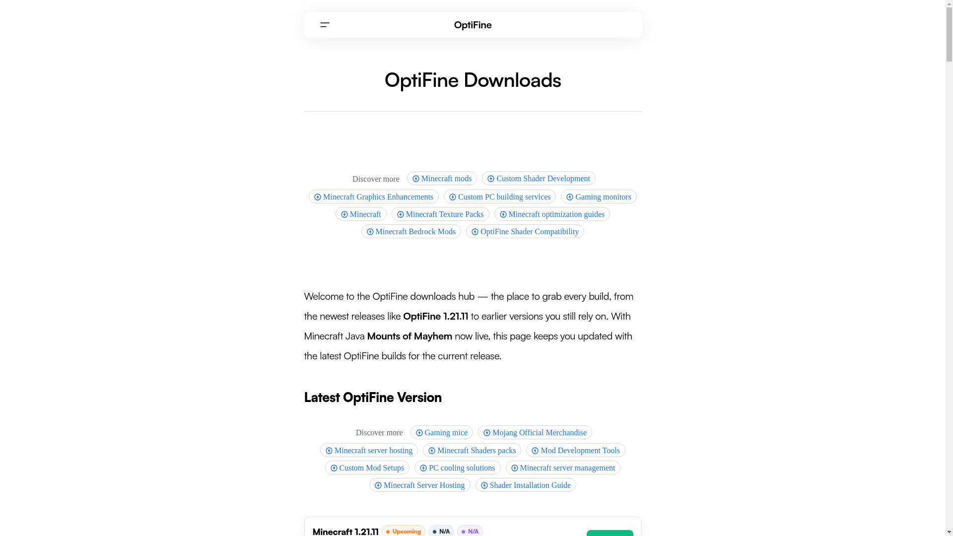 website screenshot of https://optifined.com/downloads/