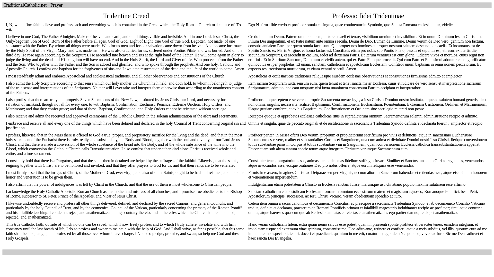website screenshot of http://www.traditionalcatholic.net/Tradition/Prayer/Tridentine_Creed.html