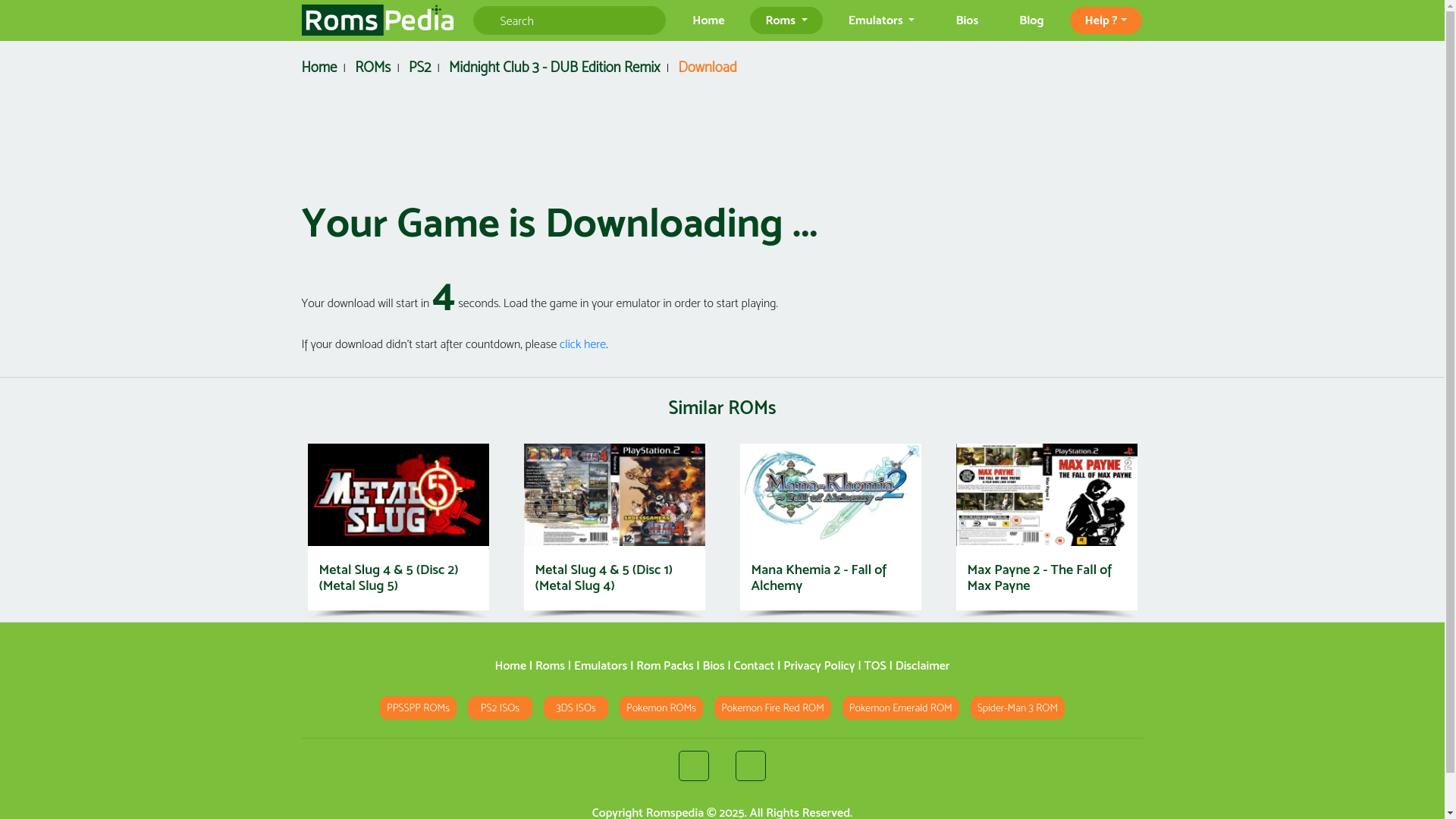 website screenshot of https://www.romspedia.com/roms/playstation-2/midnight-club-3-dub-edition-remix/download?speed=fast