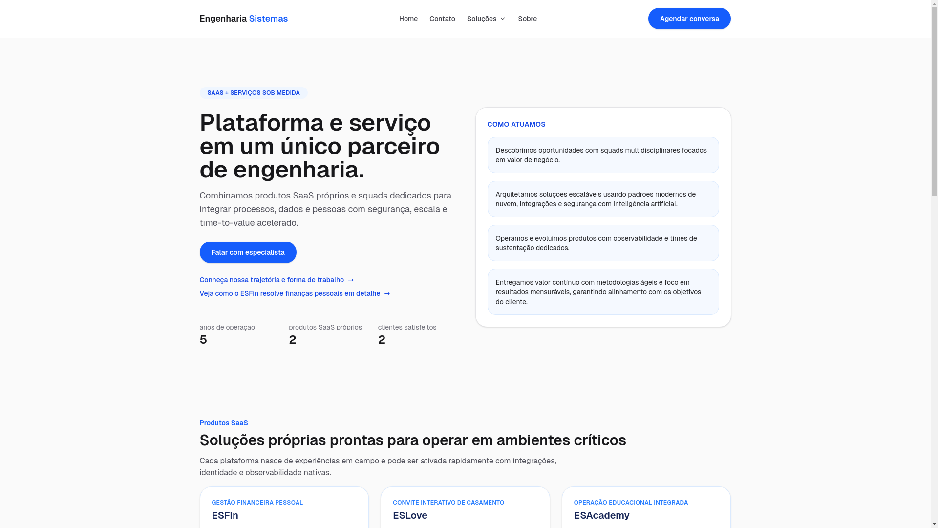 website screenshot of https://engenhariasistemas.com.br/