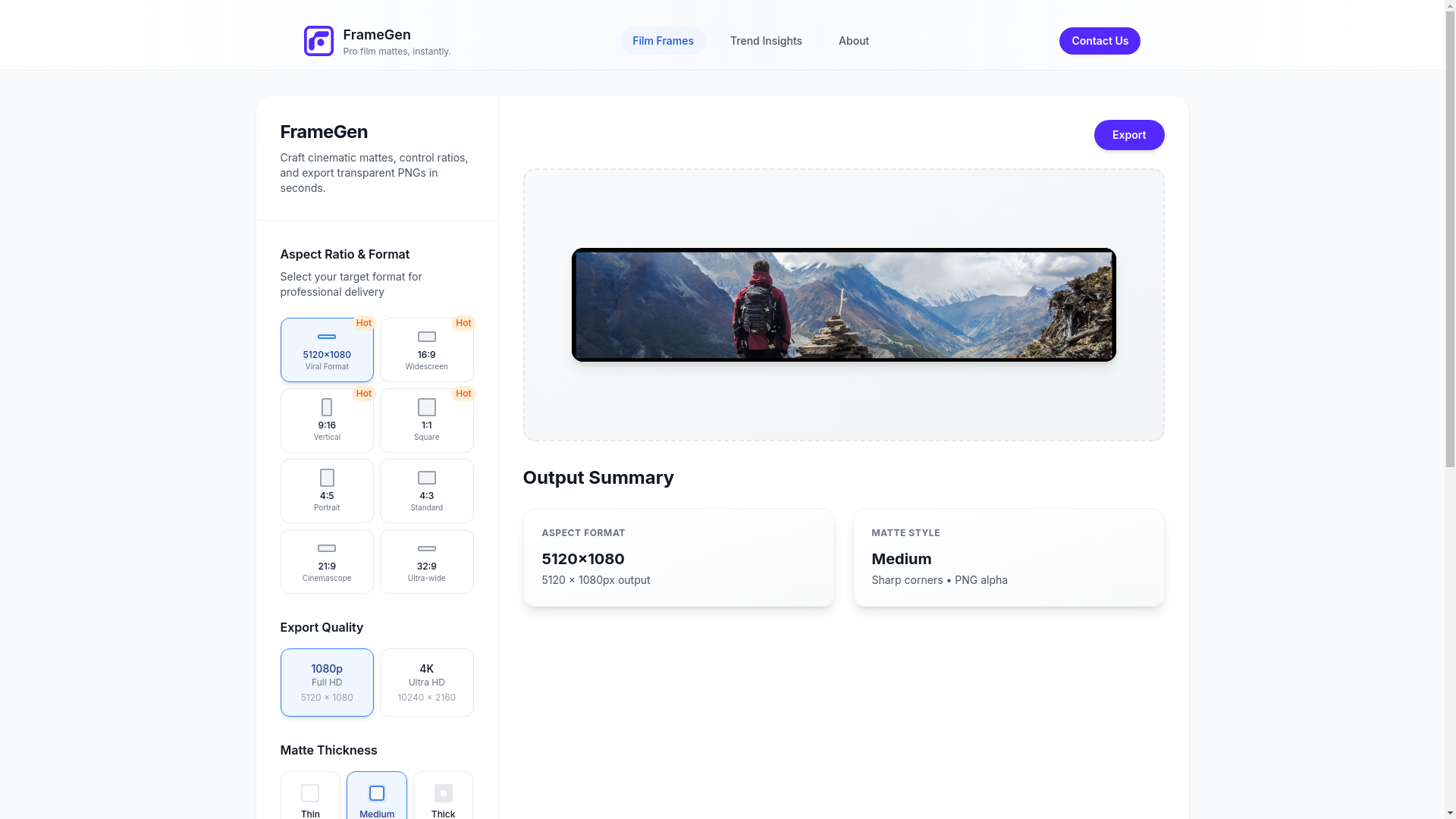 website screenshot of https://framegen.cloud/