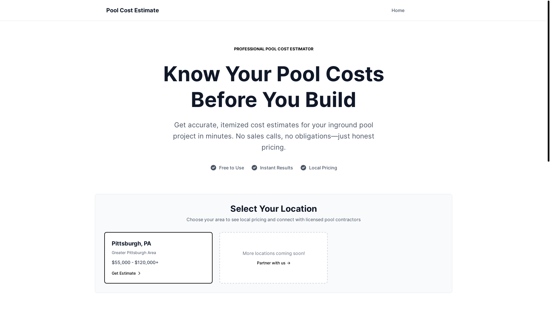 website screenshot of https://poolcostestimate.com/