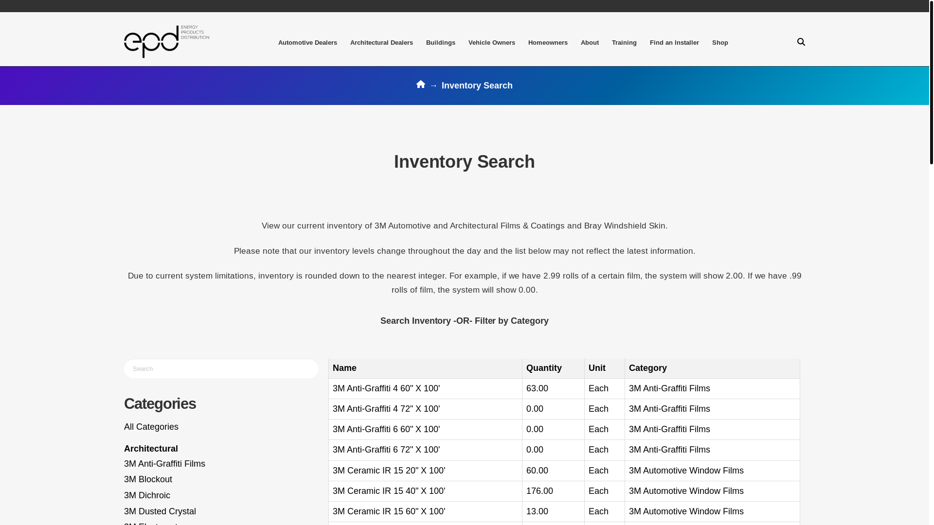 website screenshot of https://epdwindowfilm.com/inventory-search/