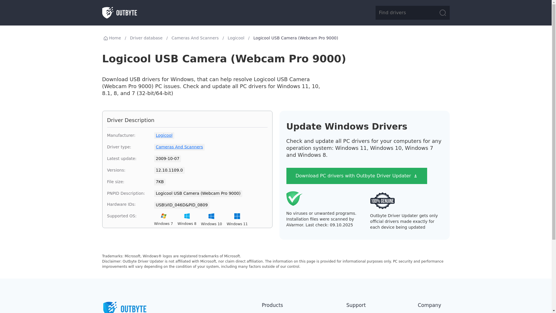 website screenshot of https://outbyte.com/drivers/cameras-and-scanners/logicool/logicool-usb-camera-webcam-pro-9000/