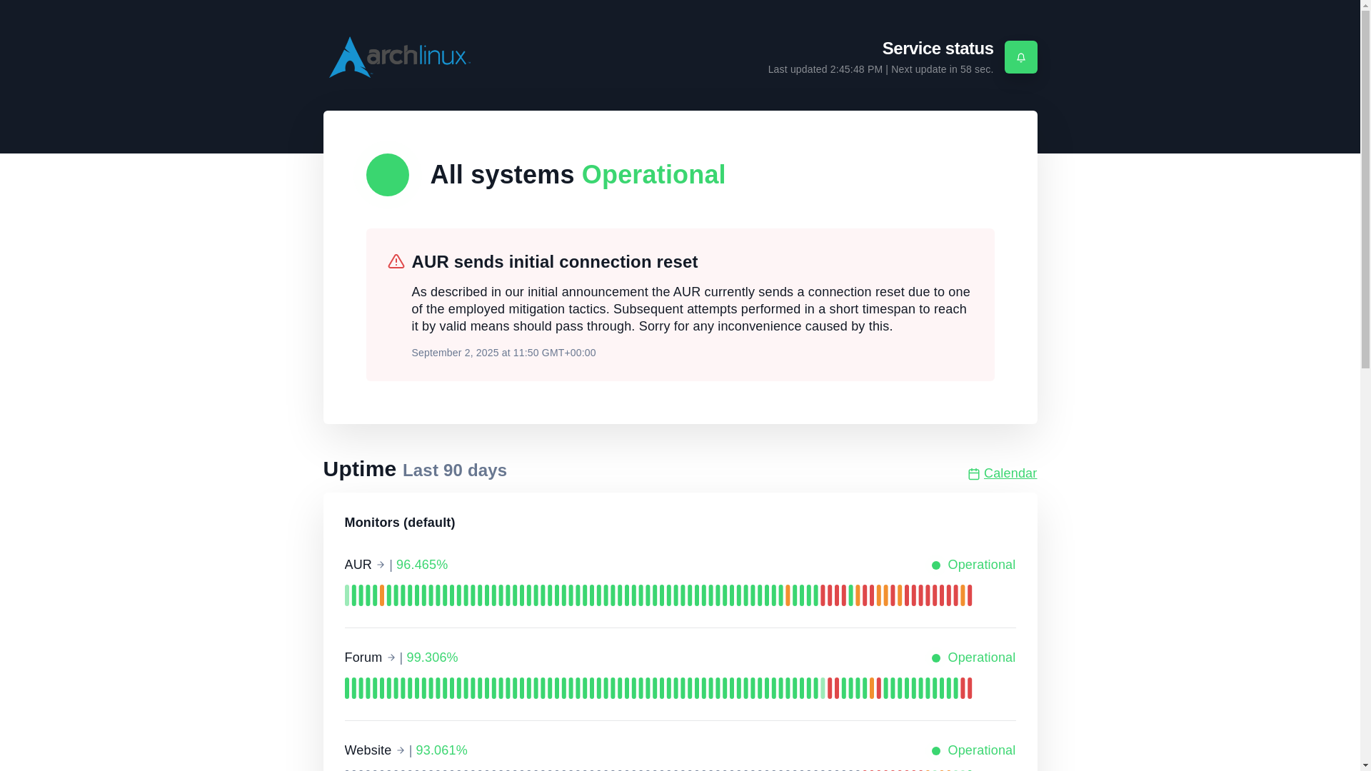 website screenshot of https://status.archlinux.org/