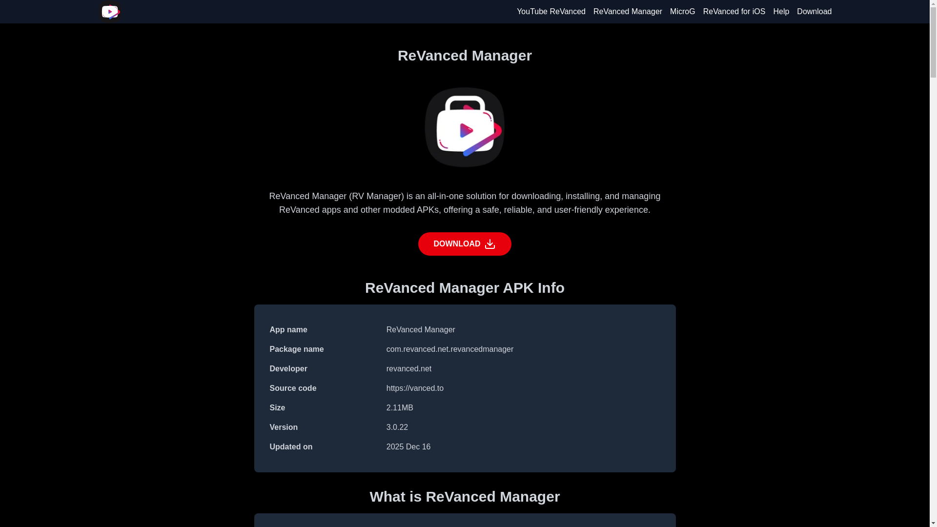 website screenshot of https://vanced.to/revanced-manager