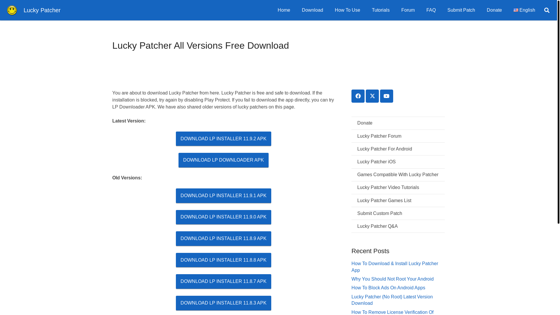 website screenshot of https://www.luckypatchers.com/lucky-patcher-all-versions/