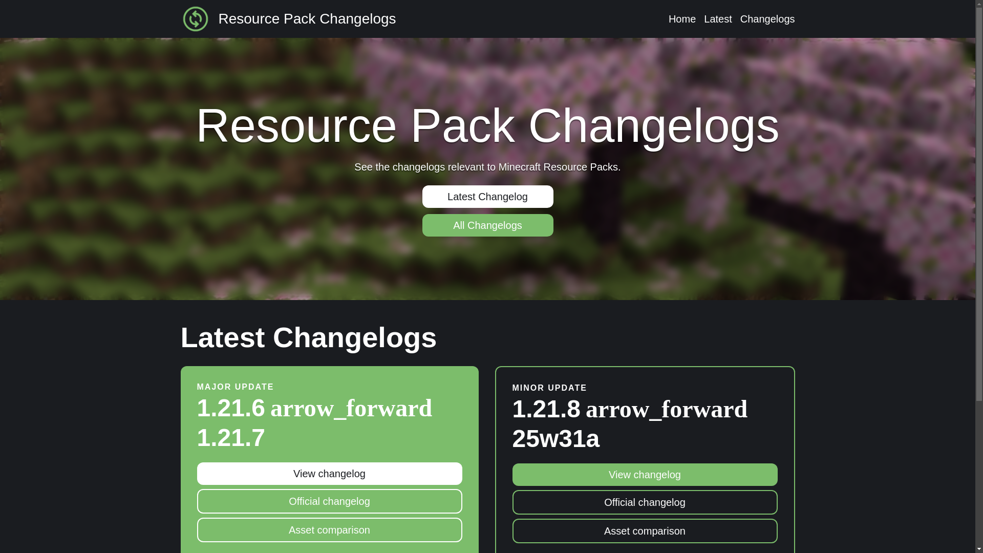 website screenshot of https://resource-pack-changelogs.pages.dev/