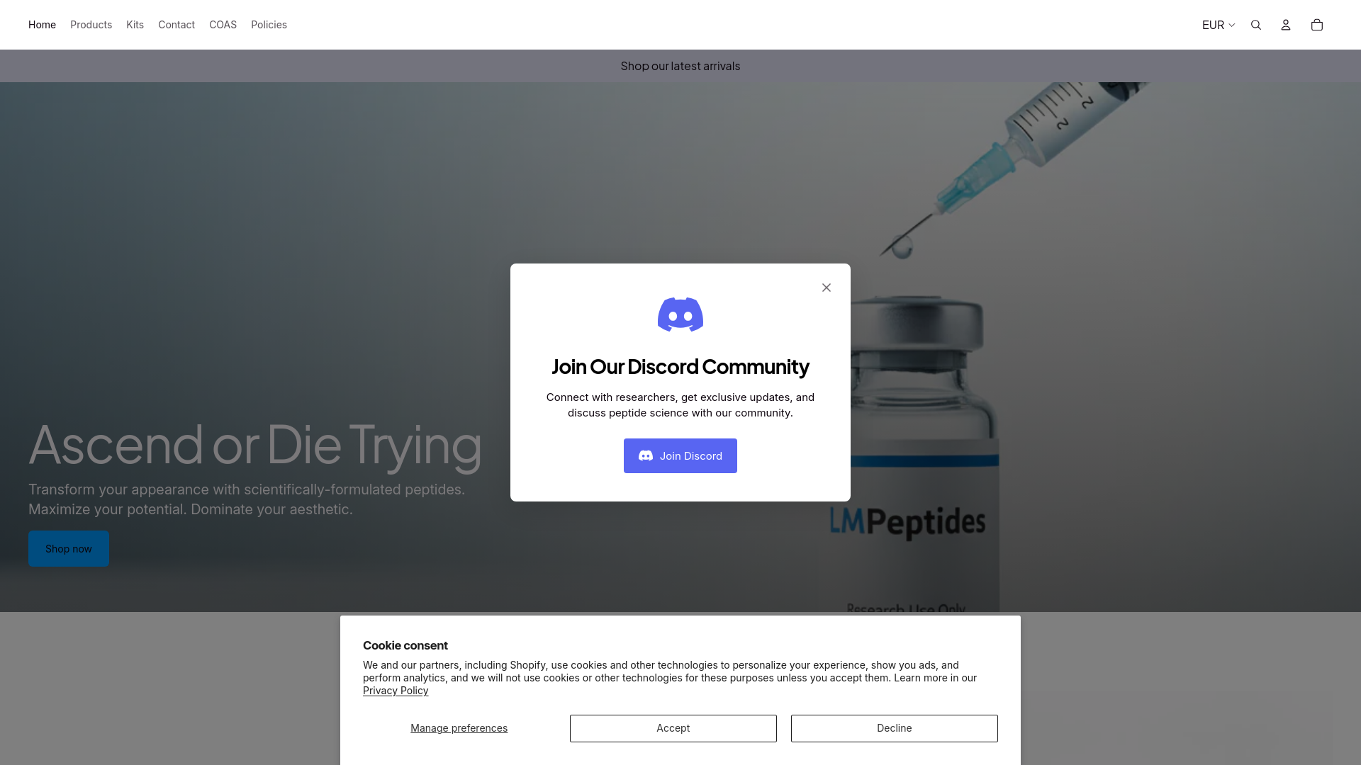 website screenshot of https://lmpeptides.com/