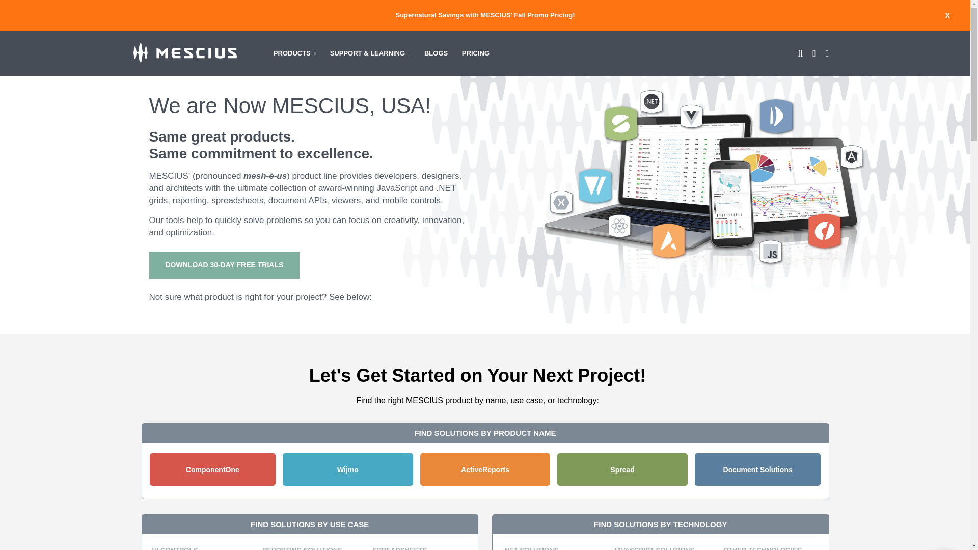 website screenshot of https://developer.mescius.com/