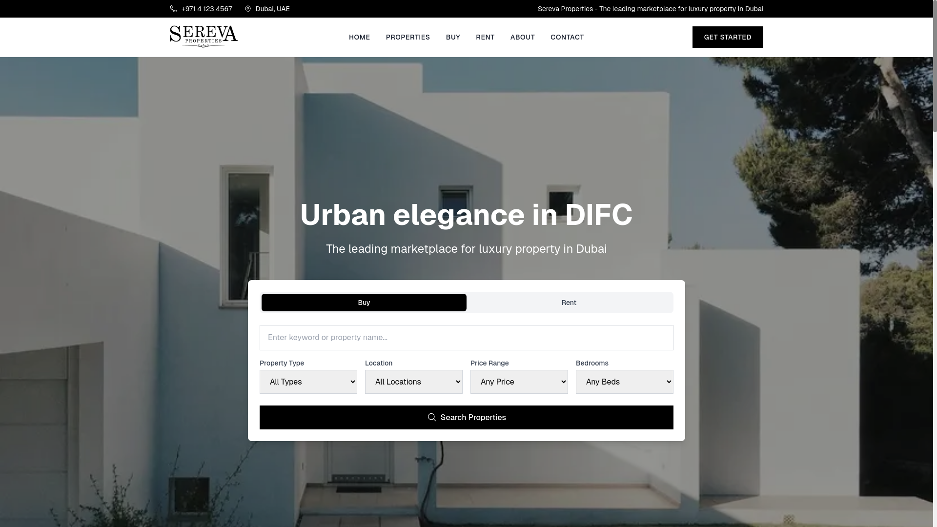 website screenshot of https://sereva.properties/