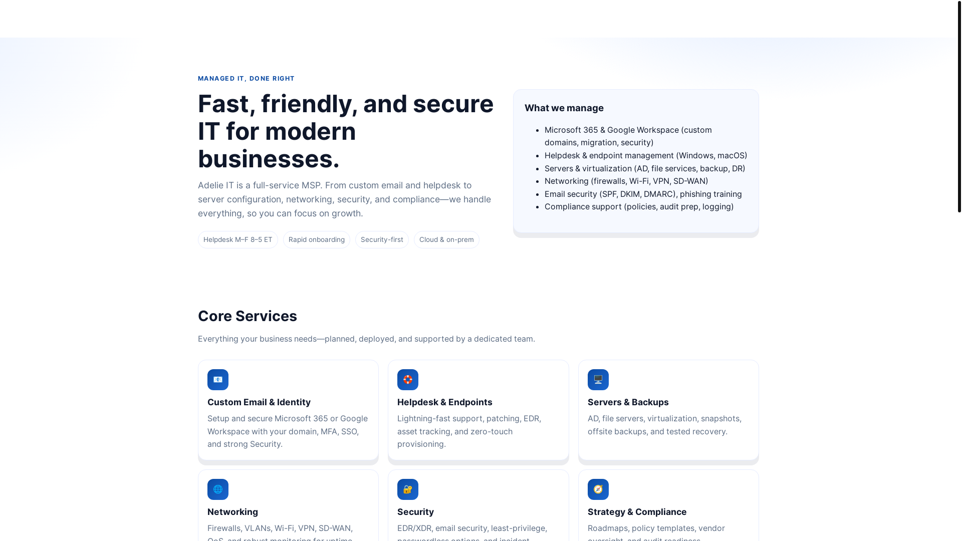 website screenshot of https://adelieit.com/