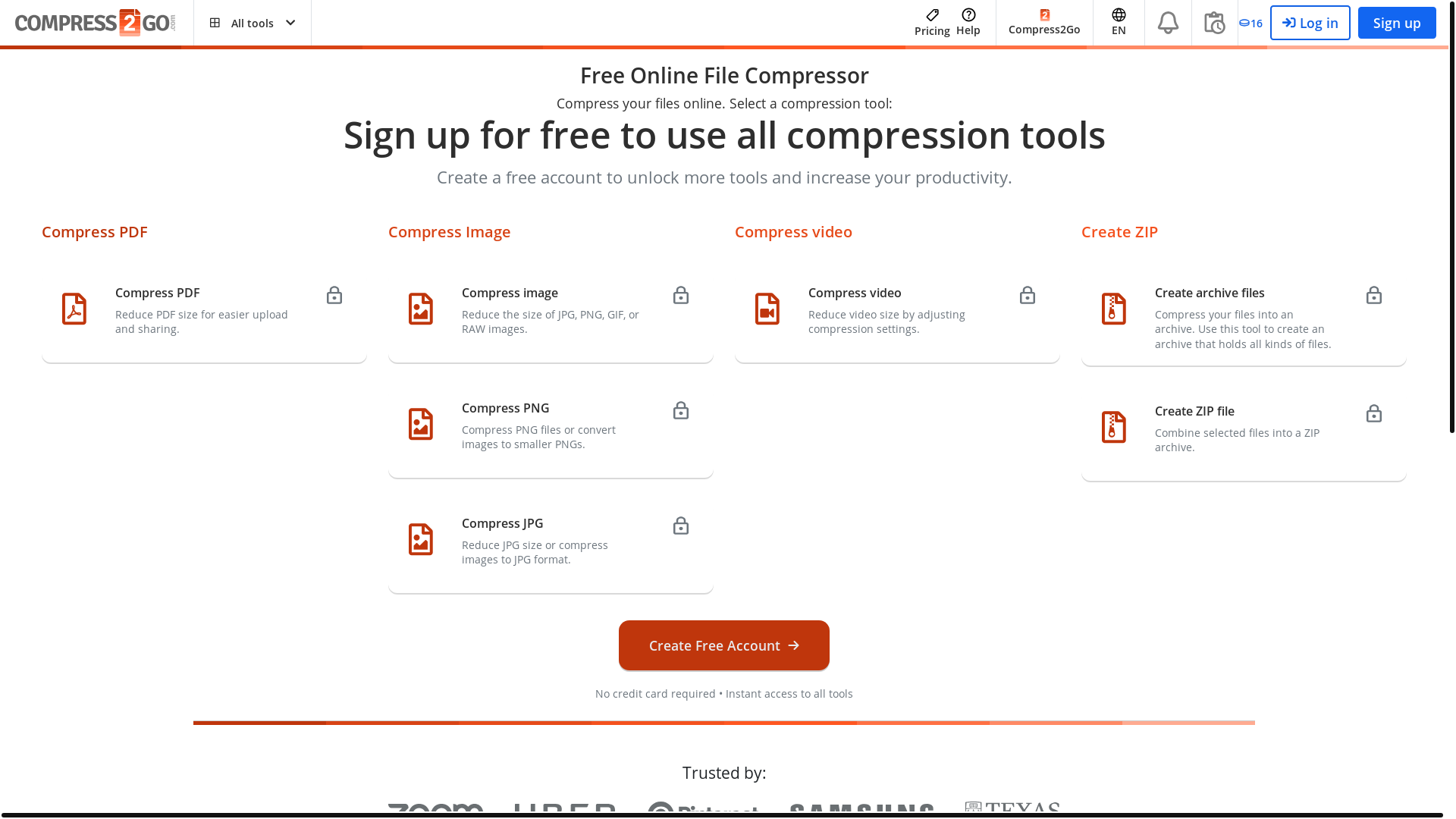 website screenshot of https://www.compress2go.com/