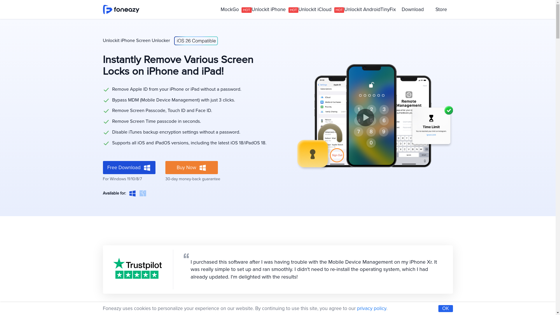 website screenshot of https://www.foneazy.com/unlockit-iphone-screen-unlocker/