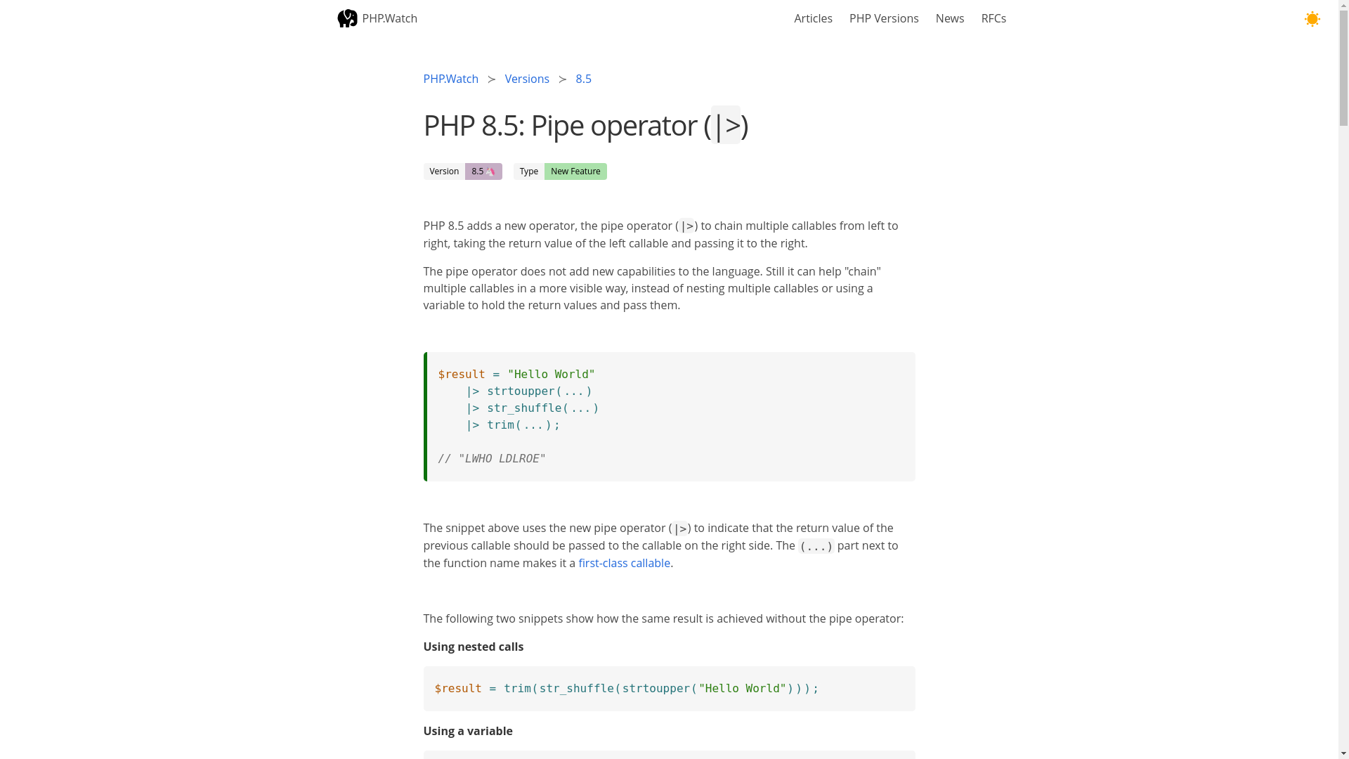 website screenshot of https://php.watch/versions/8.5/pipe-operator