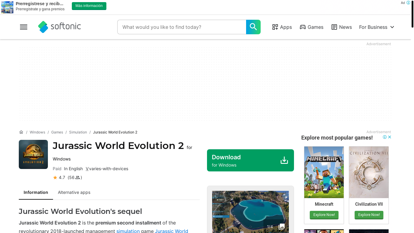 website screenshot of https://jurassic-world-evolution-2.en.softonic.com/