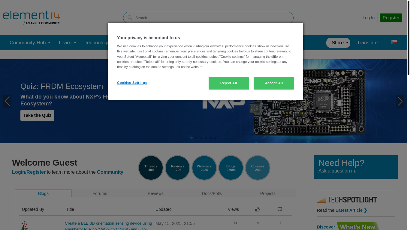 website screenshot of https://community.element14.com/#pifragment-12485=6