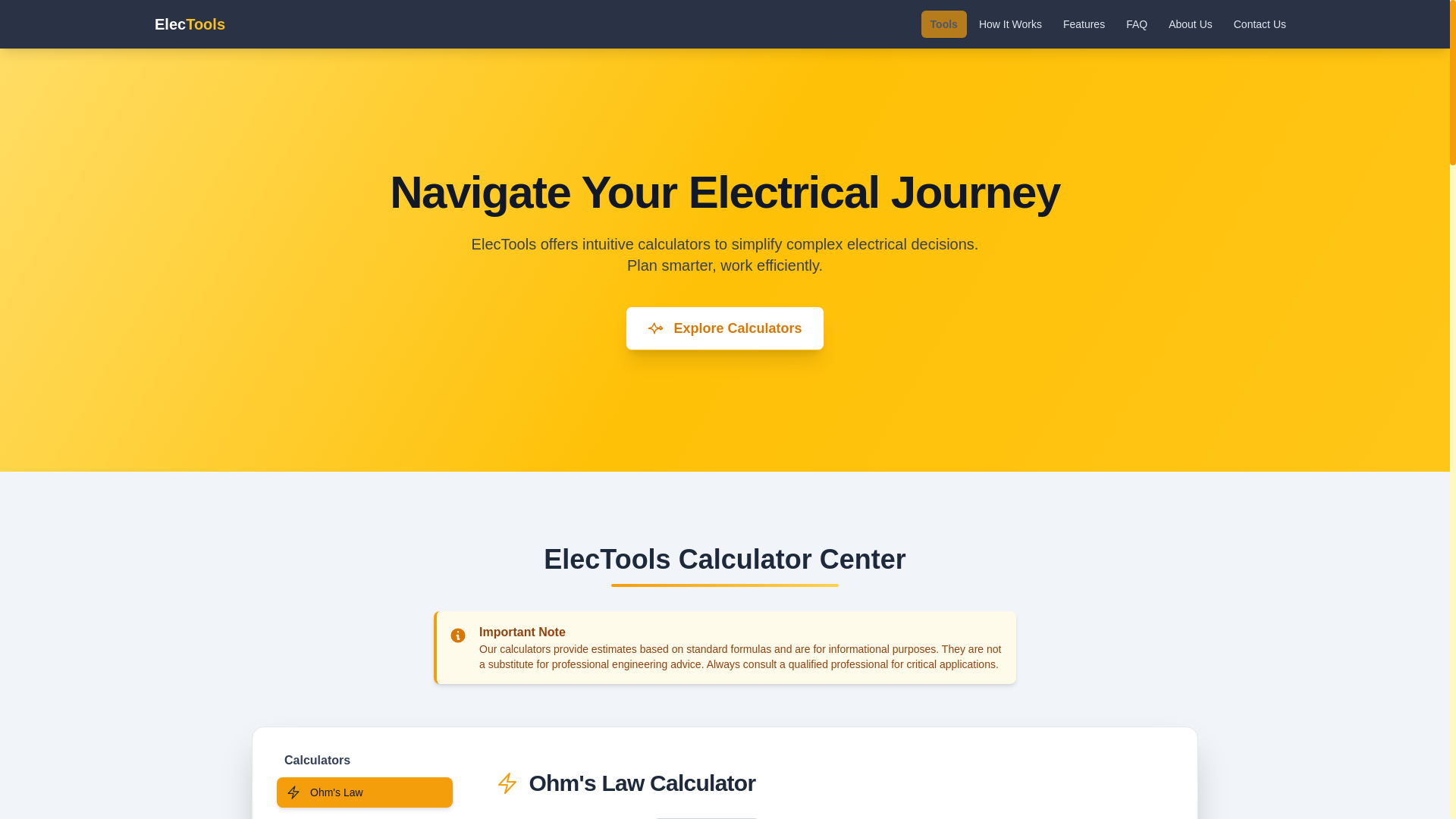 website screenshot of https://electools-calculators.pages.dev/