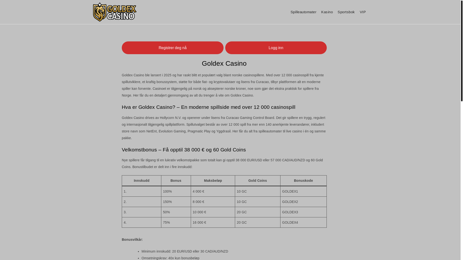 website screenshot of https://goldexcasino-no.com/