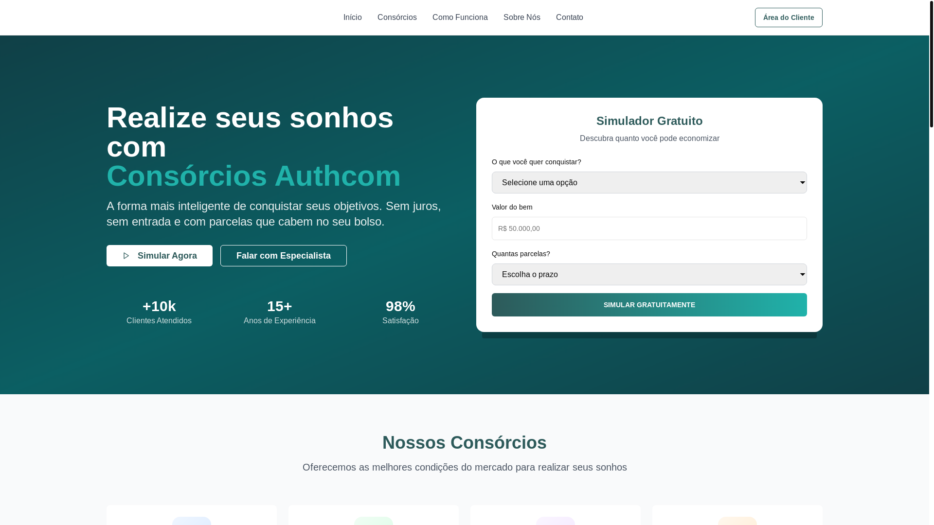 website screenshot of https://authcomconsorcio.com.br/