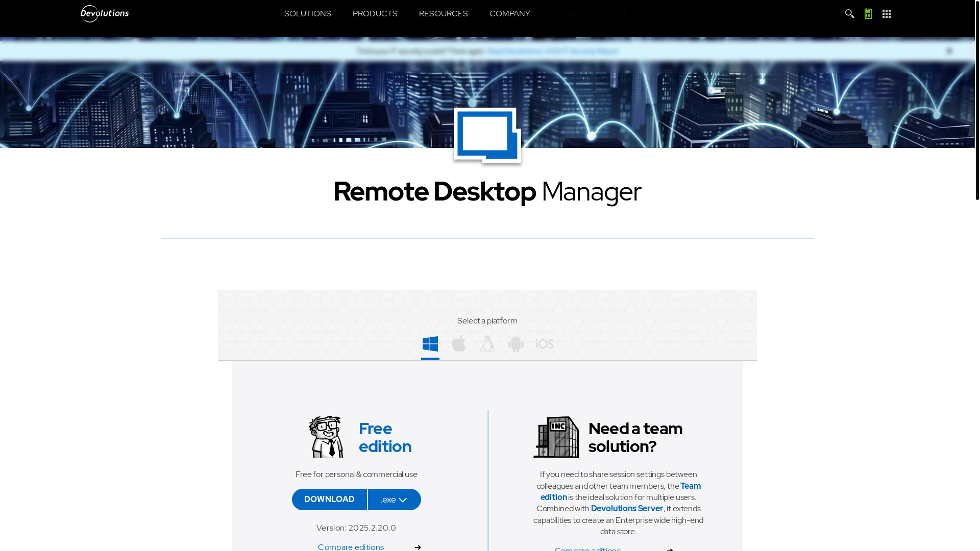 website screenshot of https://devolutions.net/remote-desktop-manager/downloadfree/