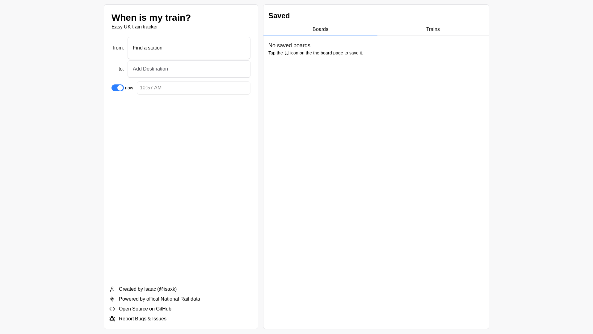 website screenshot of https://whenismytrain.pages.dev/