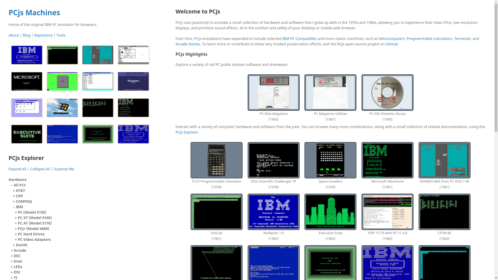 website screenshot of https://www.pcjs.org/