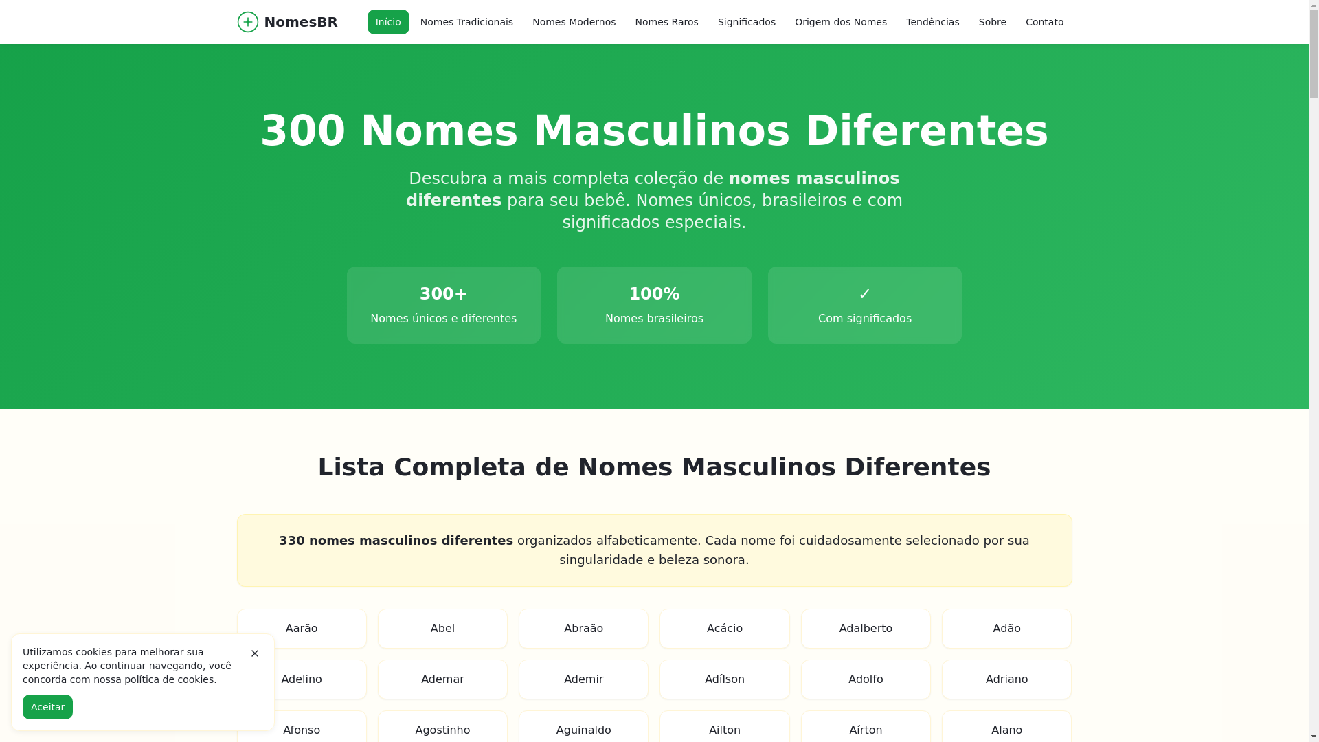 website screenshot of https://nomesmasculinosdiferentes.pages.dev/