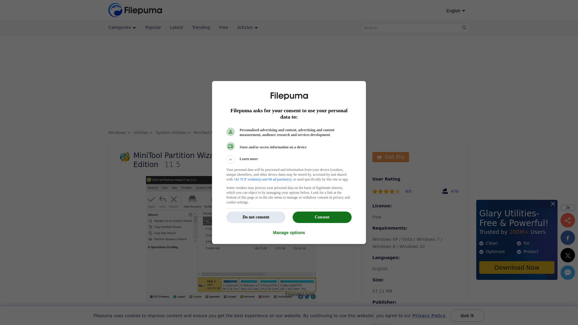 website screenshot of https://www.filepuma.com/download/minitool_partition_wizard_free_edition_11.5-22749/