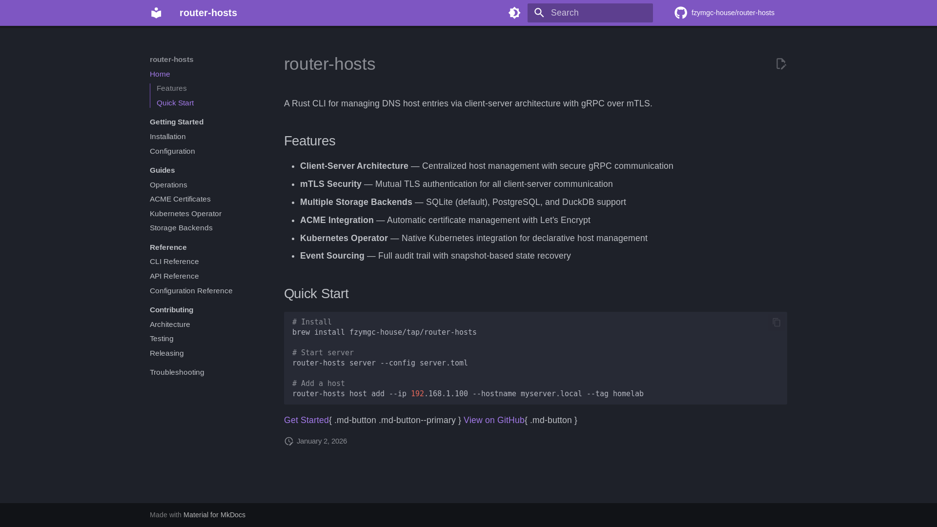 website screenshot of https://router-hosts-docs.pages.dev/