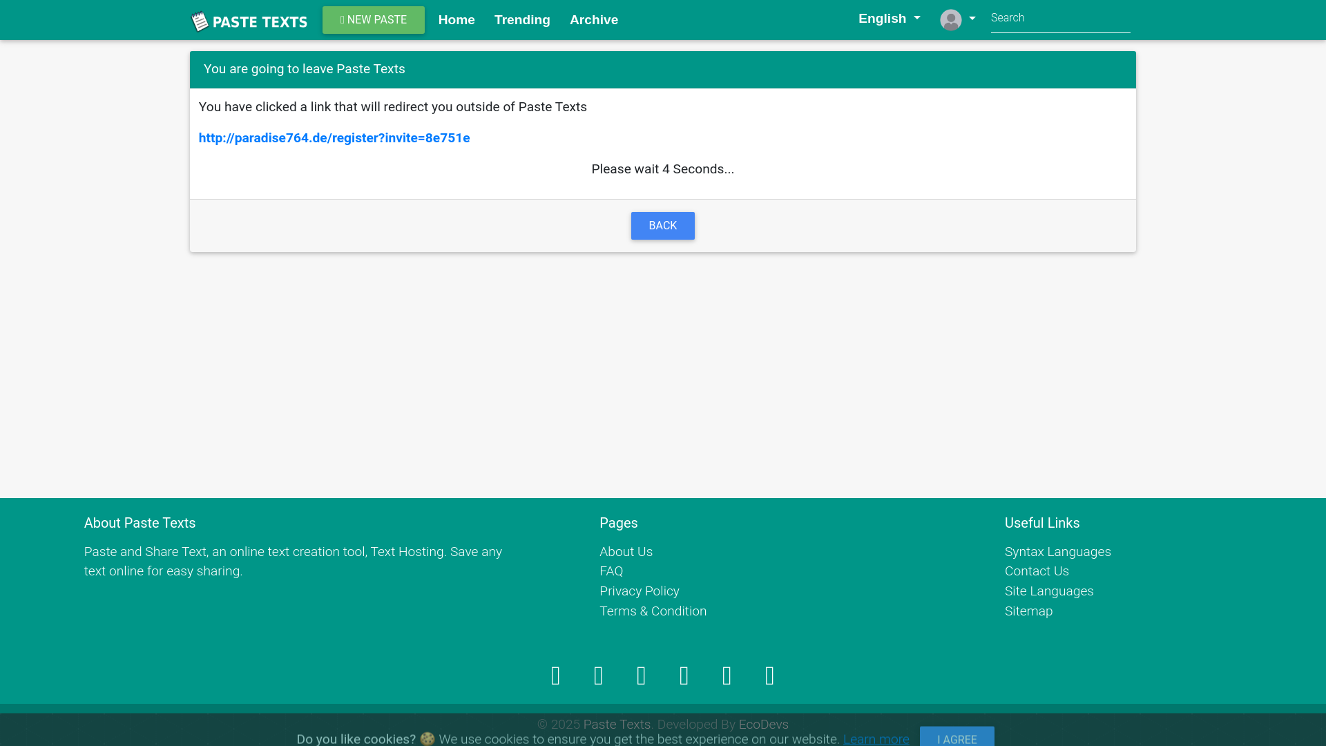 website screenshot of https://pastetexts.com/redirect?url=aHR0cDovL3BhcmFkaXNlNzY0LmRlL3JlZ2lzdGVyP2ludml0ZT04ZTc1MWU=#