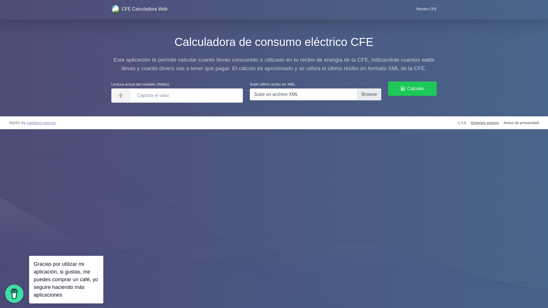 website screenshot of https://calculadoracfe.cambsys.com.mx/cfe-calc-app/calculator/calculate-amount