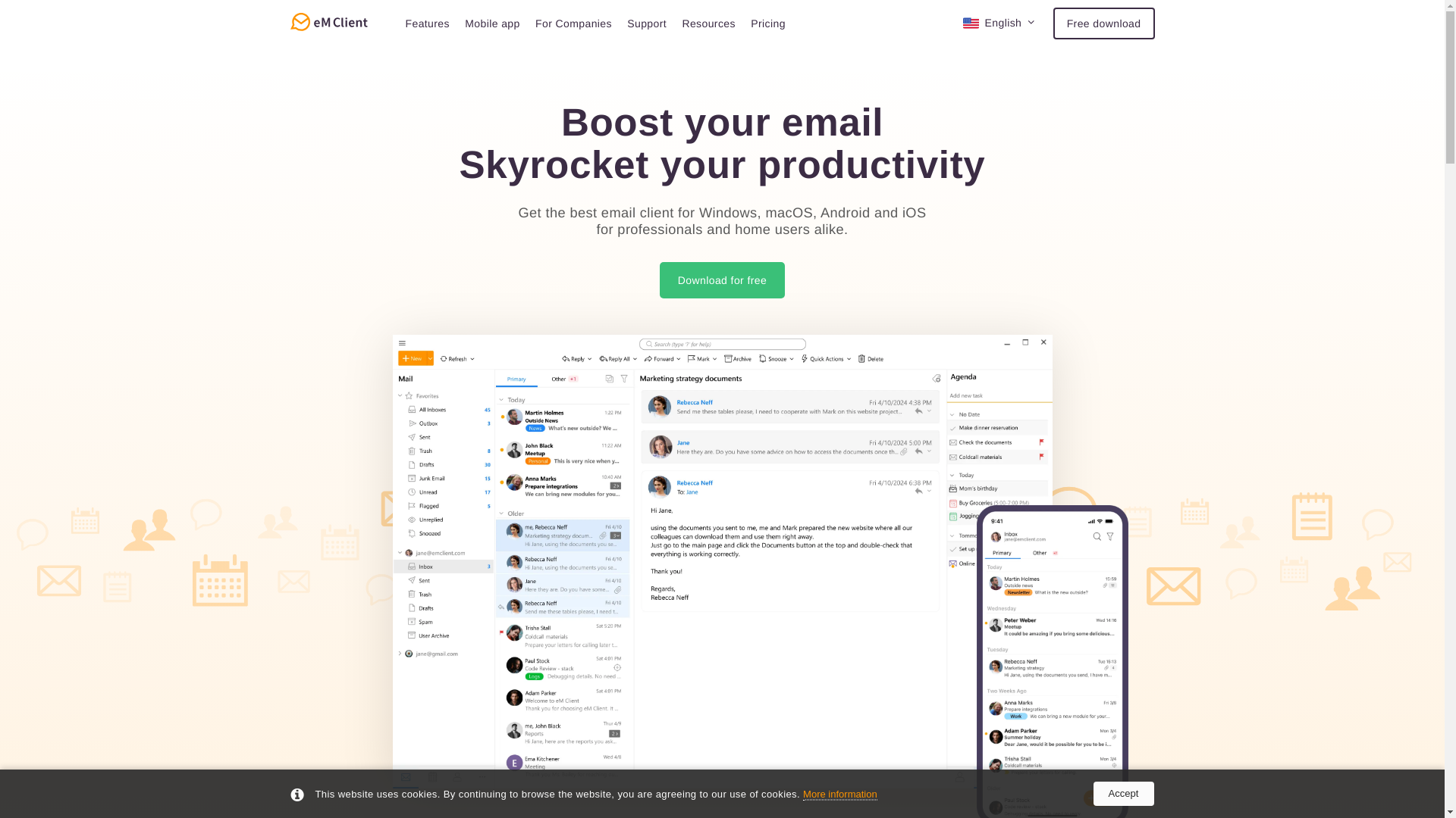 website screenshot of https://emclient.com