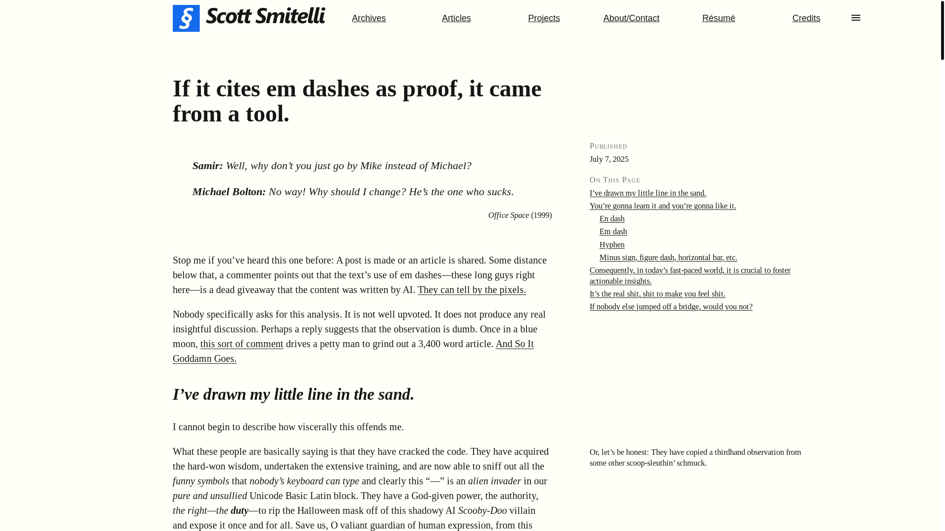 website screenshot of https://www.scottsmitelli.com/articles/em-dash-tool/