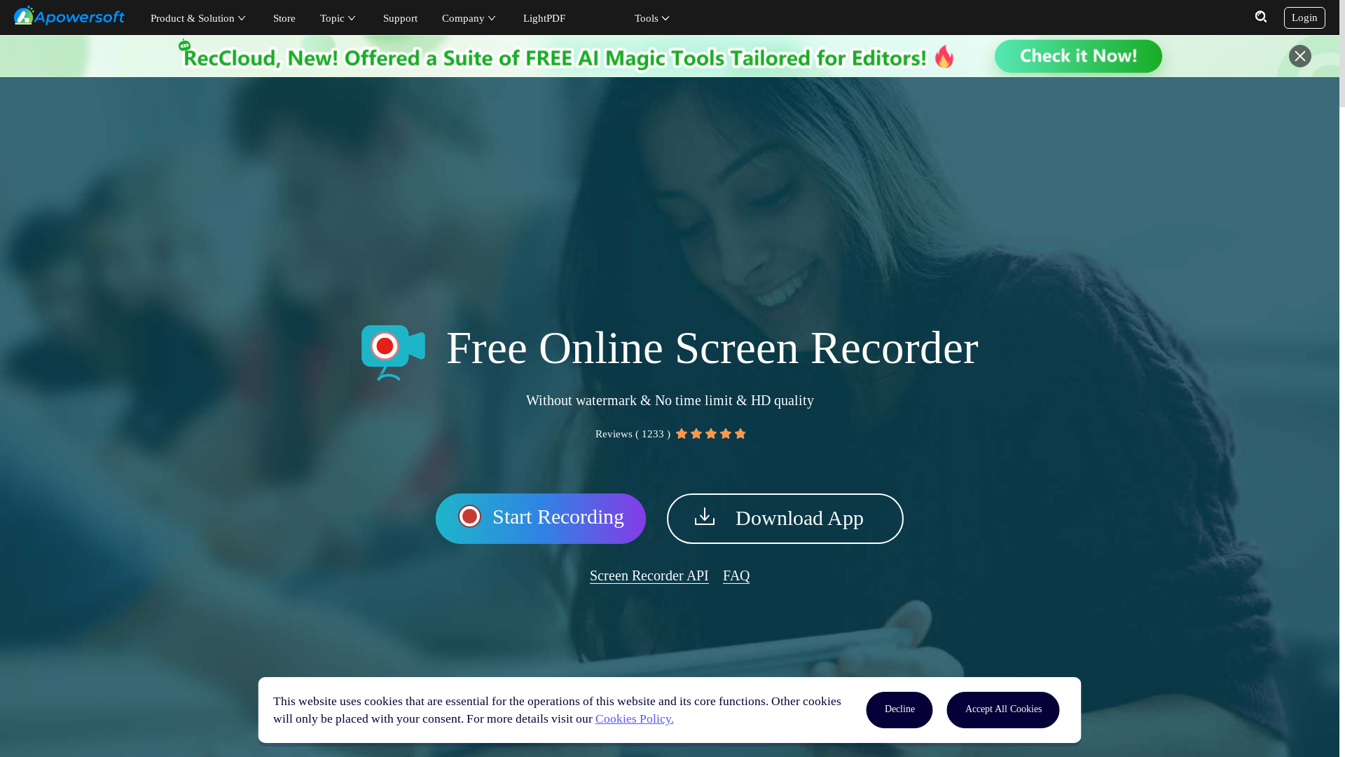 website screenshot of https://www.apowersoft.com/free-online-screen-recorder