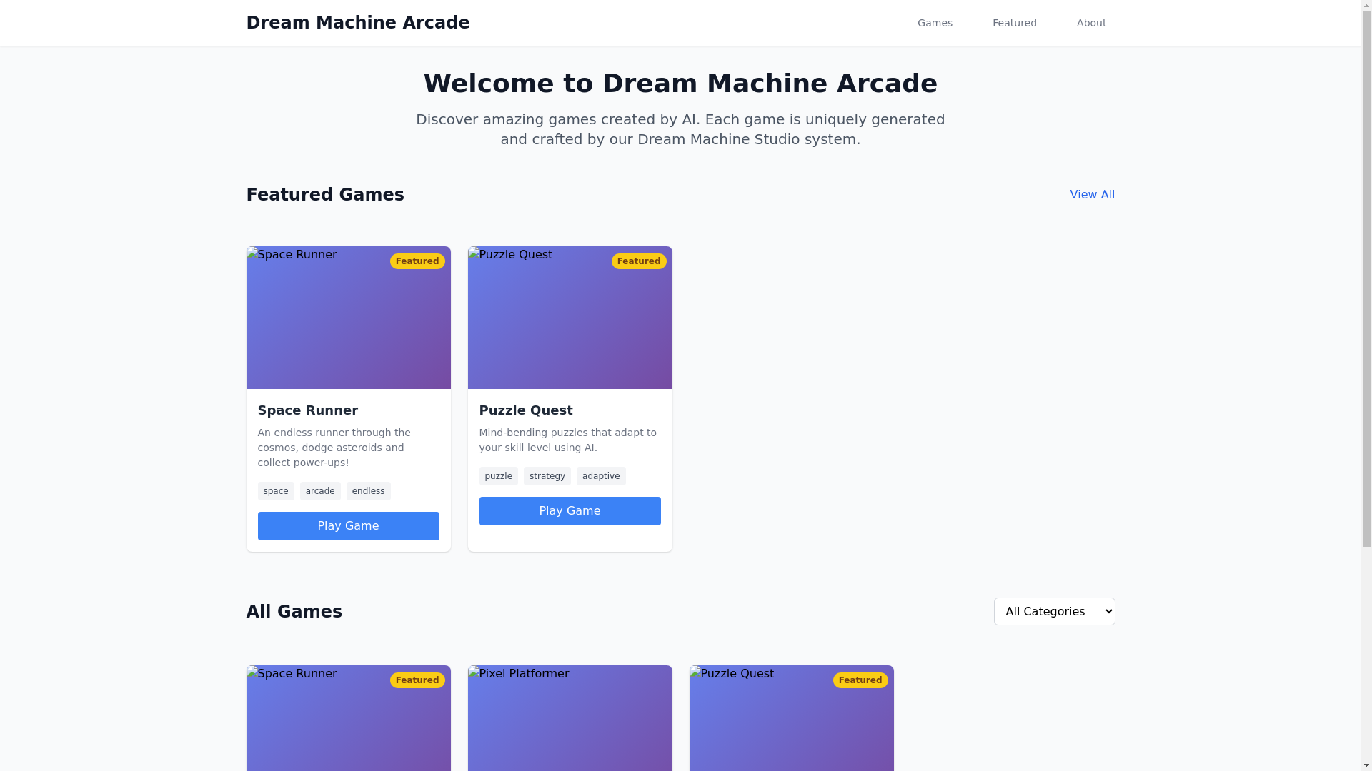 website screenshot of https://dream-machine-arcade-dev.pages.dev/