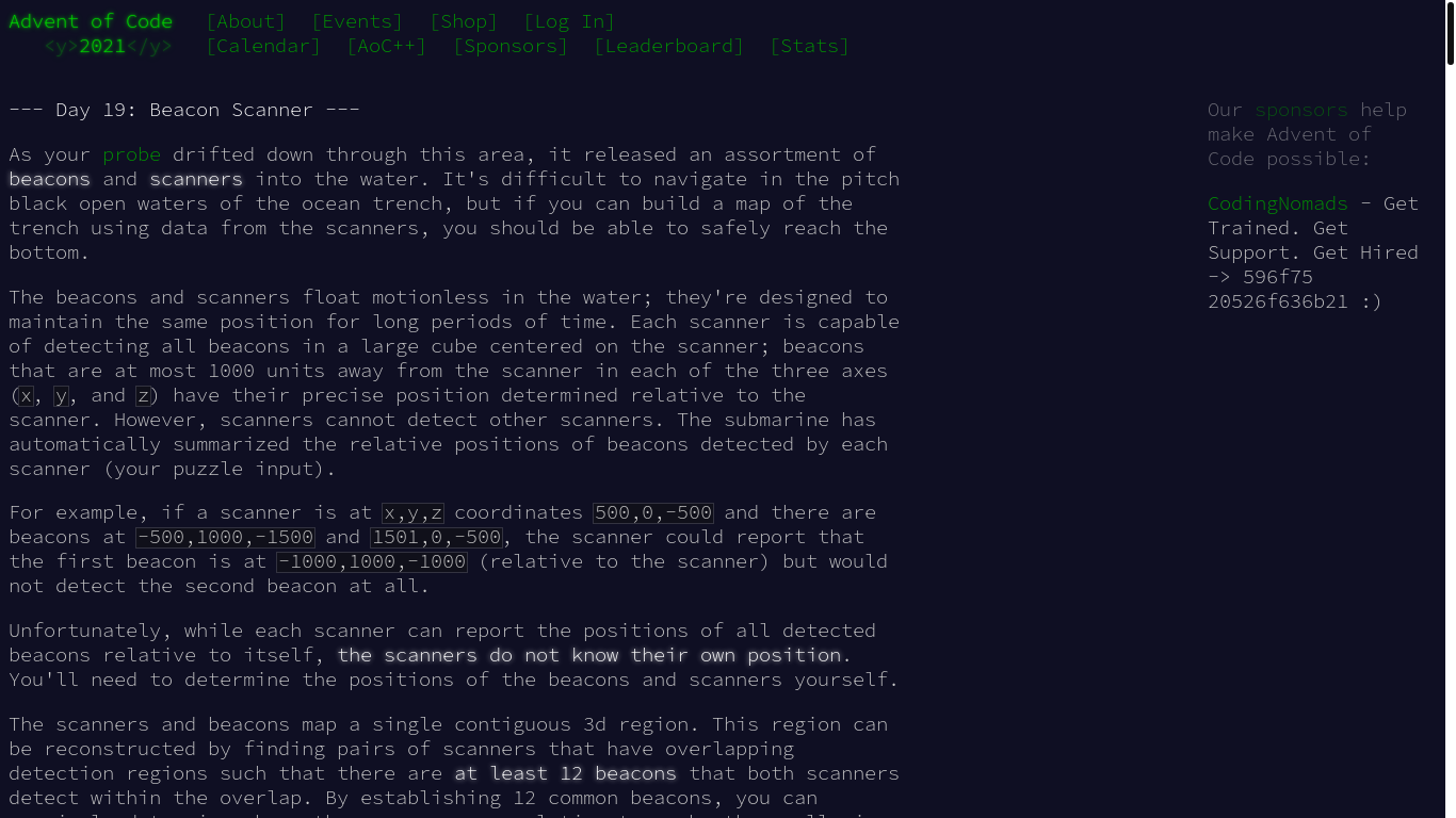 website screenshot of https://adventofcode.com/2021/day/19