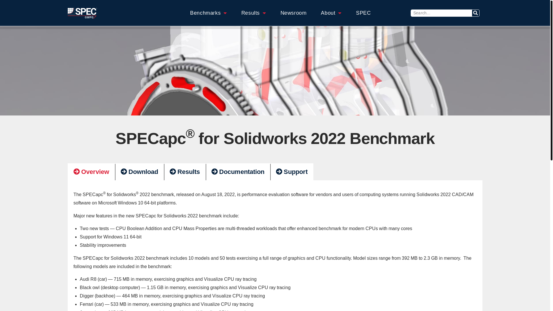 website screenshot of https://gwpg.spec.org/benchmarks/benchmark/specapc-solidworks-2022/