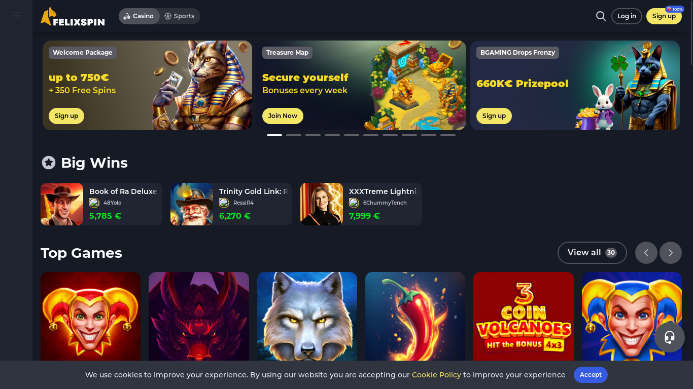 website screenshot of https://go2felixspin.com/