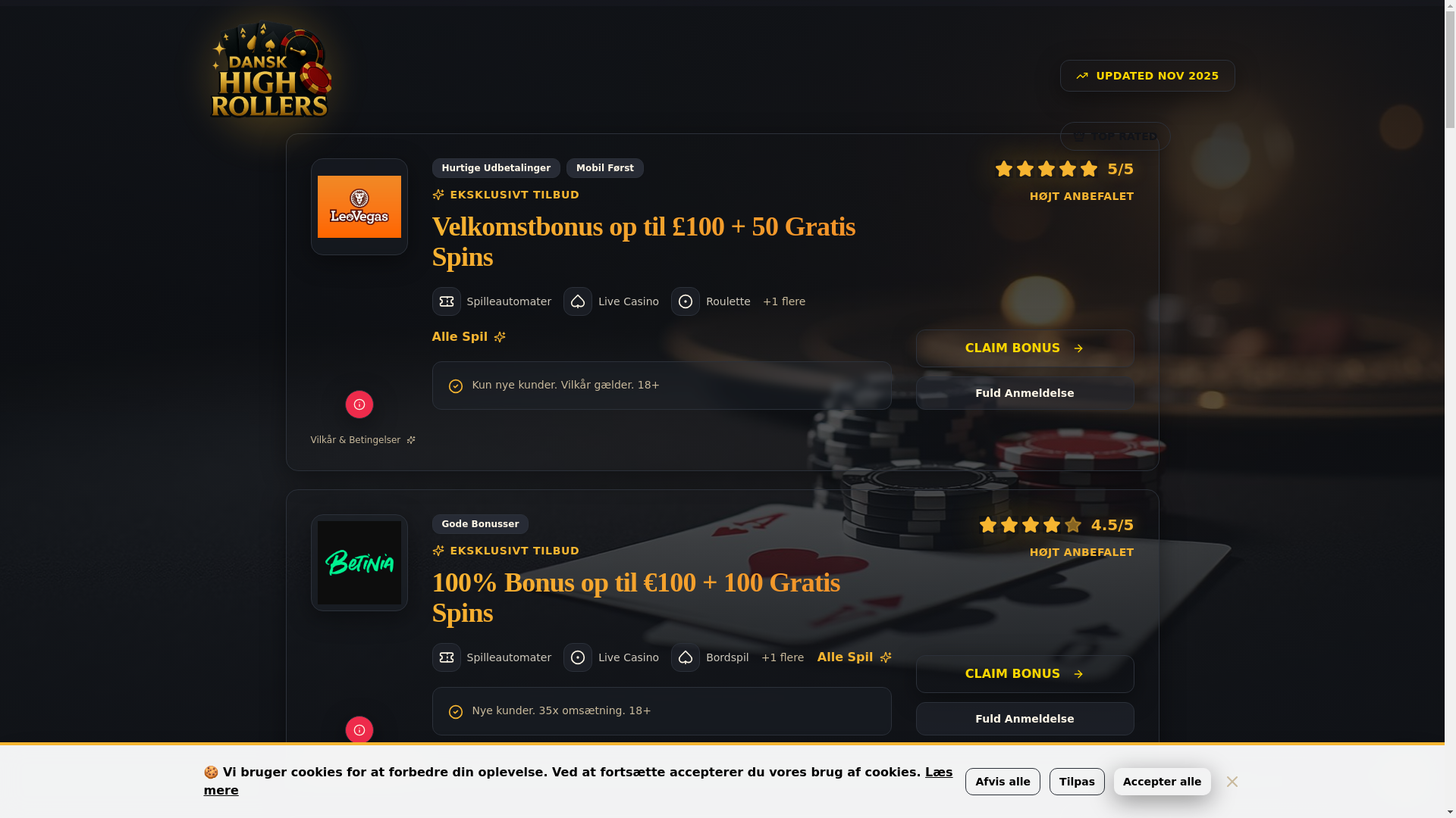 website screenshot of https://dansk-high-rollers.win/