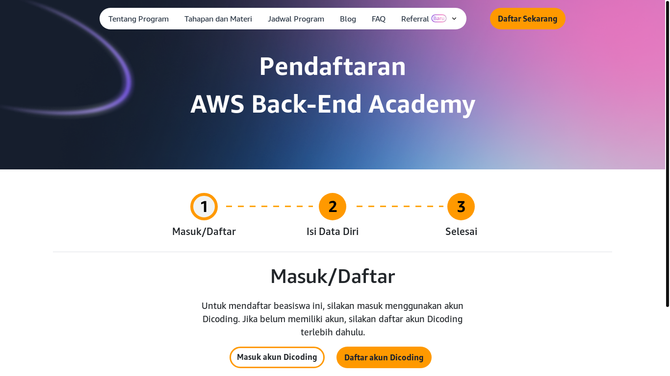 website screenshot of https://aws.dicoding.com/register?ref=4658598